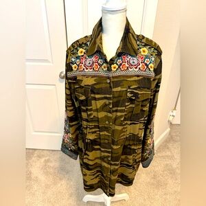 Johnny Was Raquel Military Camo Green Embroidered Corduroy Jacket